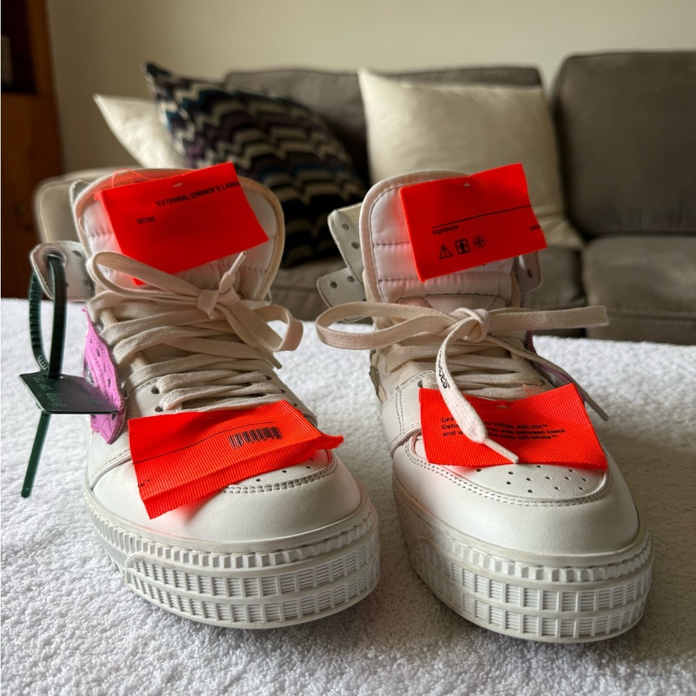 White High-Top Sneakers with Red Tags